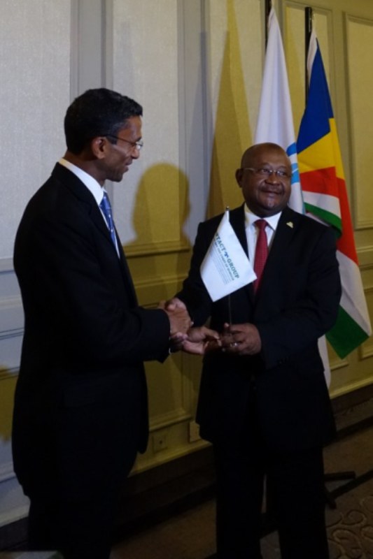 Ambassador Barry Faure, Secretary of State and Chairman-in-Office of the Contact Group, symbolically passed the baton to the IOC Presidency, represented by its Secretary General. Photo: Seychelles Nation
