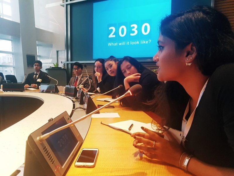 Vice-President of UN Youth Seychelles Raghavi Naidu answering the question of what 2030 would look like at the World Bank Headquaters DC