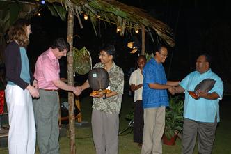 Messrs Robert and Payet presenting coco de mer nuts to representatives of Japan (left) and Palau respectively at Monday's ICRI hand over ceremony   