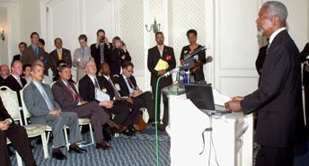 Seychelles delegation at the Mauritius meeting addressed by Mr Kofi Annan (right. President Michel is first from left, seated front row