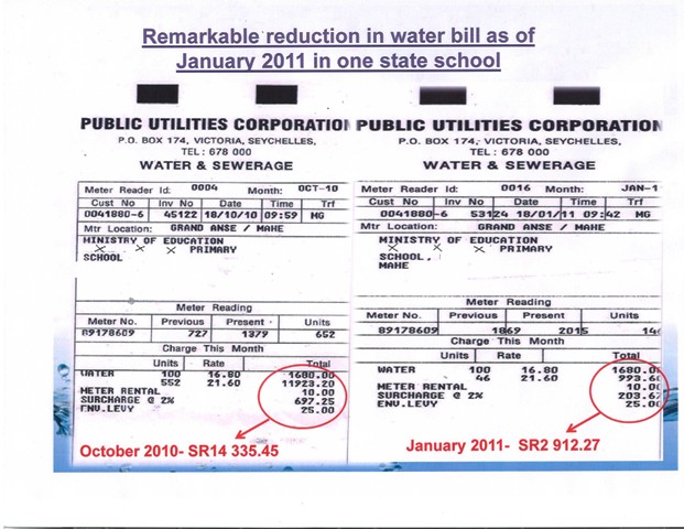 Two bills showing dramatic reduction after installation of rainwater harvesting system