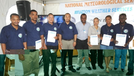 Staff who had followed training in automatic weather station operations and maintenance in a souvenir photograph with PS Dogley and other NMS officials