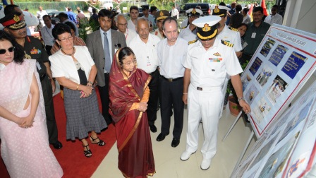 President Patil is guided through an exhibition at the SPDF air wing 