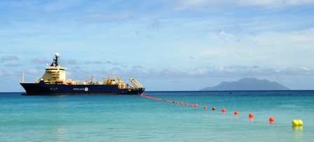 The ship Ile de Sein, anchored off Beau Vallon beach, was used for the laying of the undersea cable all the way from Dar es Salaam, Tanzania to Seychelles 