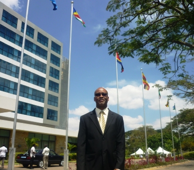 Director of Ecsa-HC’s finance Dr Egbert Moustache at the venue of the four meetings, as Seychelles’ flag flies high