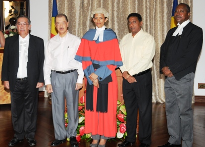 In a souvenir photograph with President Michel, Vice-President Danny Faure, CJ Egonda-Ntende and Court of Appeal President Francis MacGregor