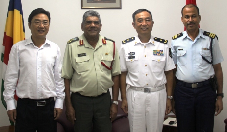 Admiral Yuan with Brigadier Payet. Also in the photo are Ambassador Shi (left) and Lt Col Michael Rosette of the Seychelles Coastguard