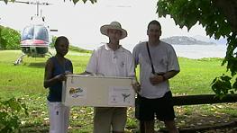 The first transfer of the ‘Zwazo Linet’ was to Cousine Island. From left to right: Elvina Henriette Payet from the Ministry of Environment, Jock Henwood and Gary Ward of Cousine Island. Photo by Elvina Henriette Payet