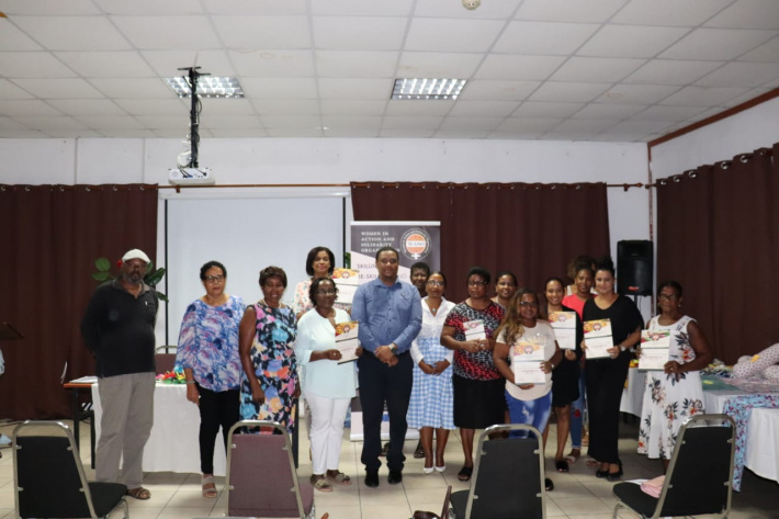 En group madanm ek zenn fiy i konplet zot formasyon dan en varyete kour ofer par Waso