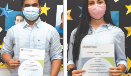 Nicole Adam, Ayush Rai ISS Cambridge high achievement awards recipients
