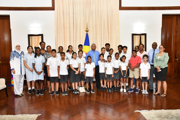 Mental Math World Cup and Spelling Bee winners meet President Ramkalawan